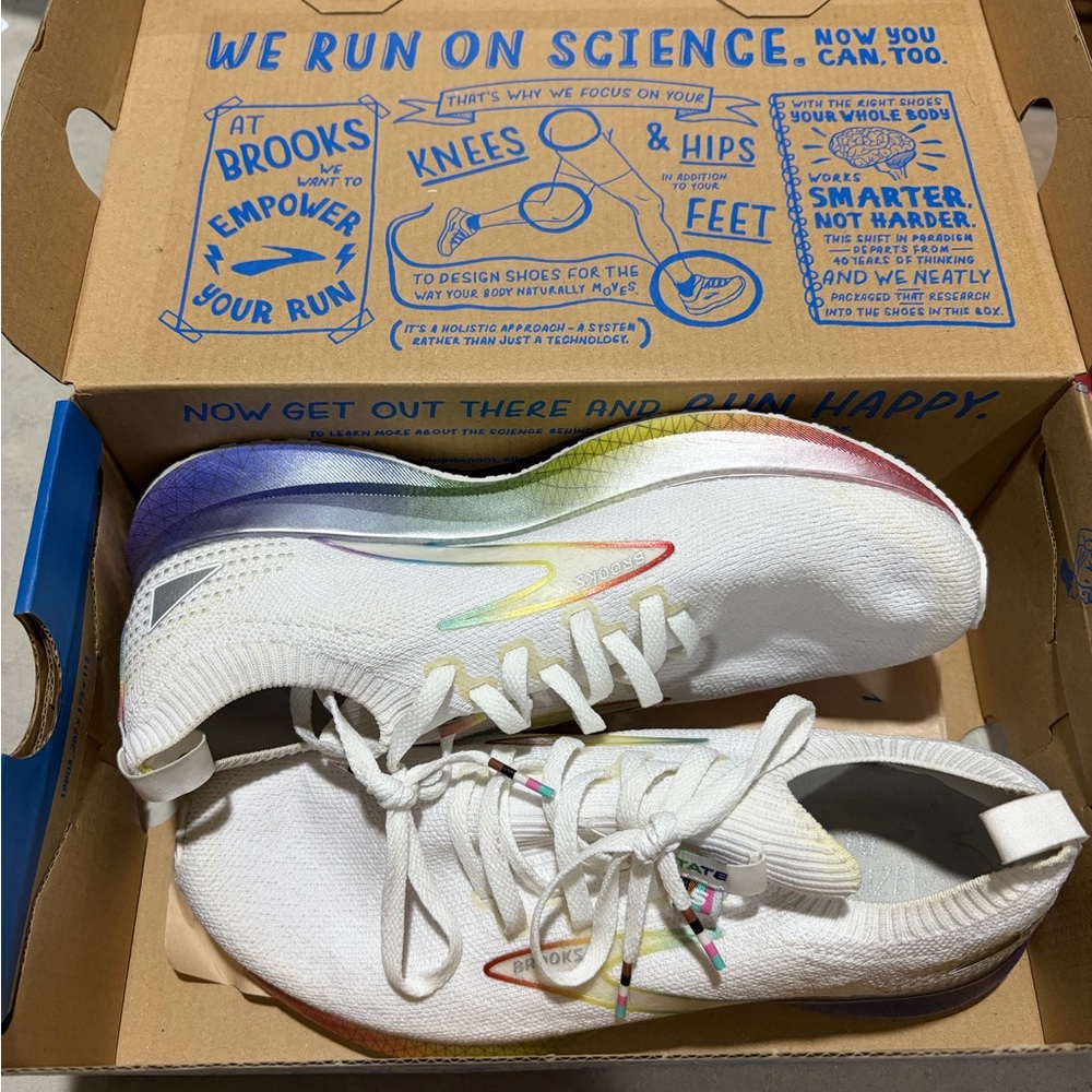 Brooks Levitate Pride White Running Shoes with Rainbow Accents